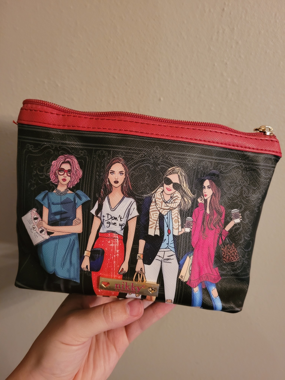 Pink Accent Printed Cosmetic Pouch Nikky By Nicole Miller